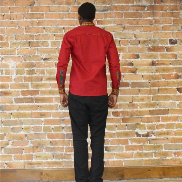 Red Long Sleeve Button Front Dashiki Shirt - Picture 3 of 5